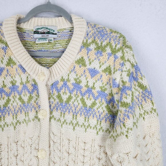 Aran Crafts Sweater Womens XL Cream Merino Wool Cable Knit Cardigan Ireland - Picture 2 of 12